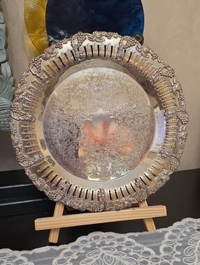 Vtg MCM Old English Reproduction  Silver-Tone Ornate Decorative Serving Platter